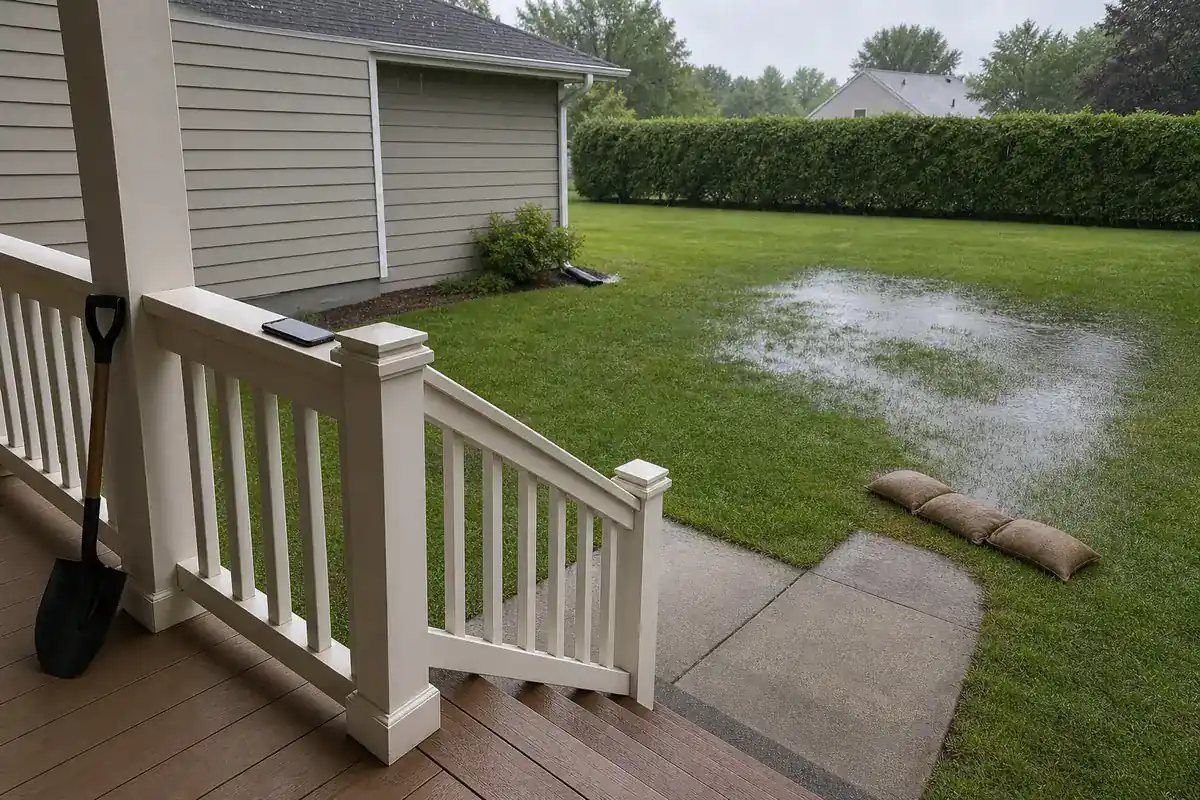 Shovel and phone left on a covered porch overlooking rainwater pooling across a yard